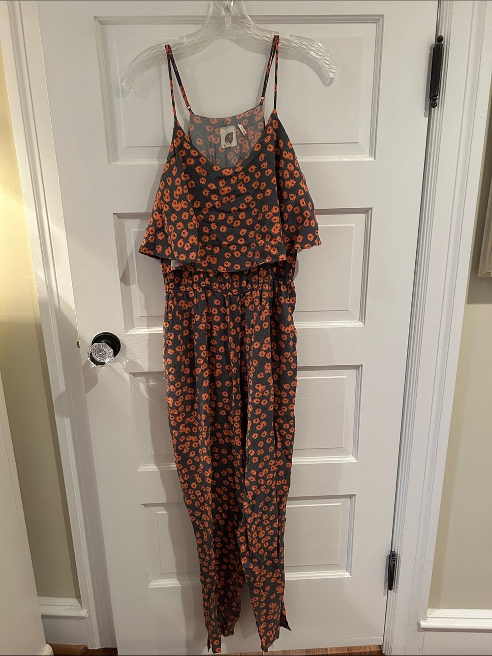 Womens Orange Floral Ruffle One-Piece Jumpsuit